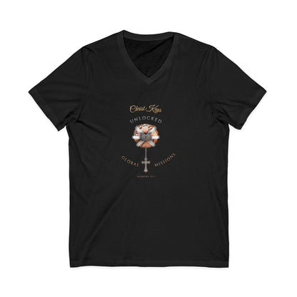 Unlocked Global Missions Hebrews 13:3 Christian V-Neck T-Shirt - Unisex Faith Apparel, Scripture Graphic