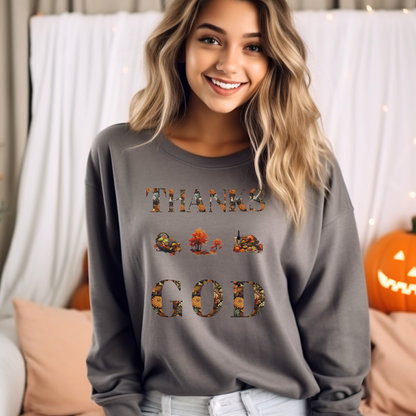 THANKS GOD Thanksgiving Sweatshirt – "Give thanks to the Lord, for He is good; His love endures forever." (Psalm 107:1) | Christian Sweatshirt, Bible Verse Crewneck, Faith-Based Apparel, Religious Gift for Men, Women & Couples