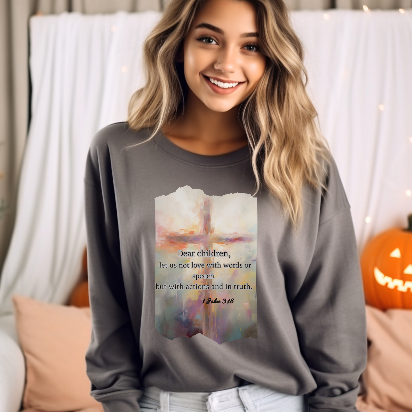 Dear Children Sweatshirt – "Dear children, let us not love with words or speech but with actions and in truth." (1 John 3:18) | Christian Sweatshirt, Bible Verse Crewneck, Faith-Based Apparel, Religious Gift for Men, Women & Couples
