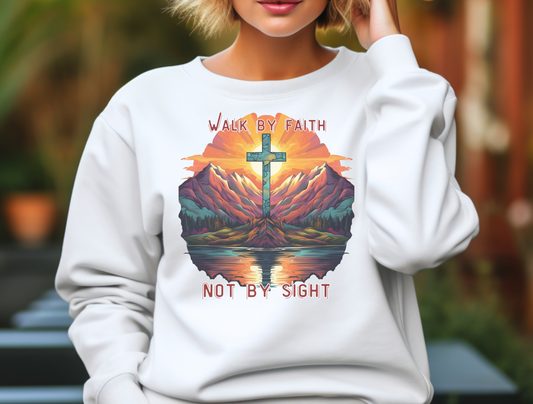 Walk by Faith Sweatshirt – “For we walk by faith, not by sight.” 2 Corinthians 5:7 – Men, Women, Couples | Christian Apparel, Religious Gift, Designer Sweater, Jesus, GOD, Mom, Friend