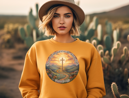 The Path of the Just Sweatshirt – “The path of the just is as the shining light, that shineth more and more unto the perfect day.” Proverbs 4:18 – Men, Women, Couples | Christian Apparel, Religious Gift, Designer Sweater, Jesus, GOD, Mom, Friend