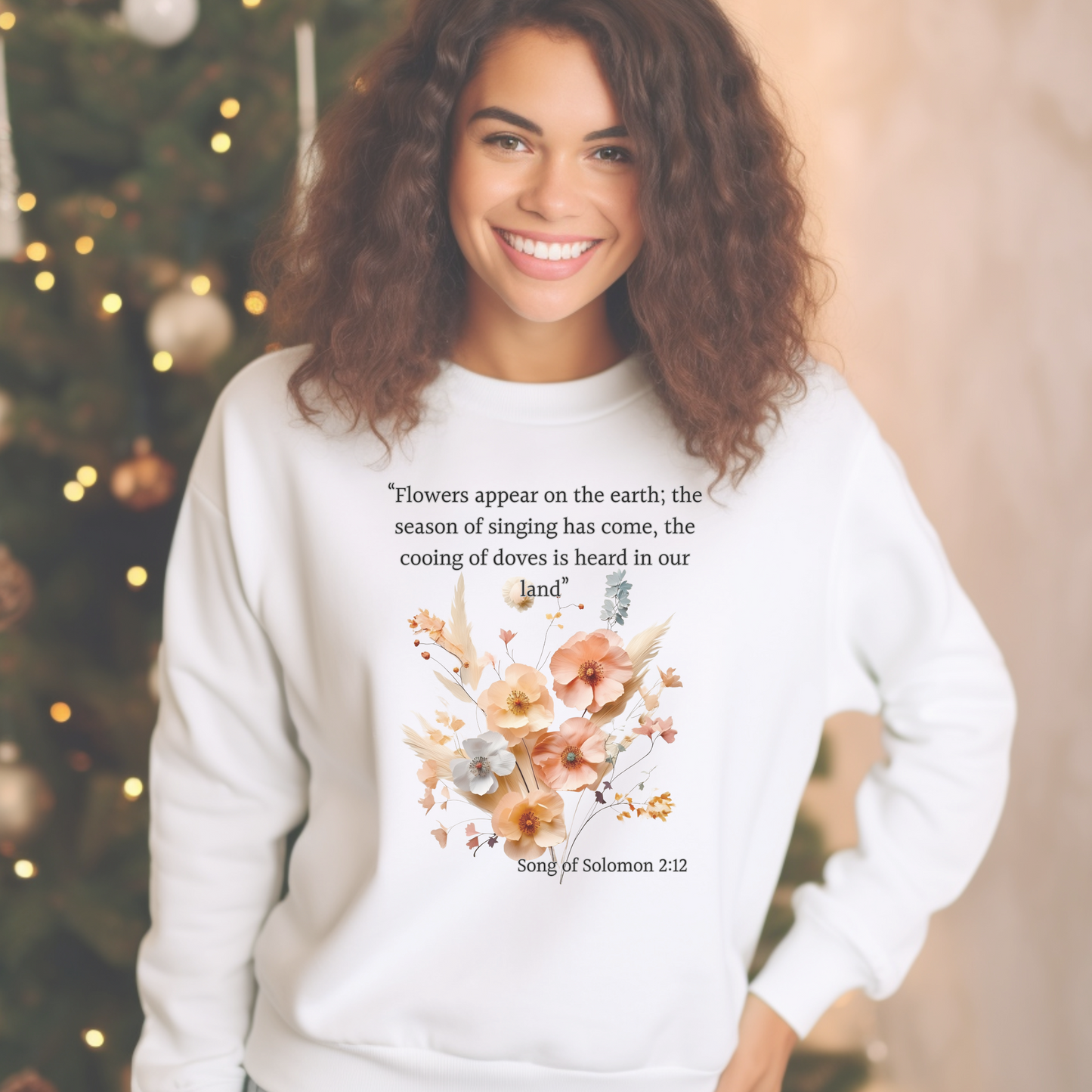 Song of Solomon 2:12 Sweatshirt — "The flowers are springing up, the season of singing birds has come, and the cooing of turtledoves fills the air." — Christian Sweatshirt for Men, Women, and Couples