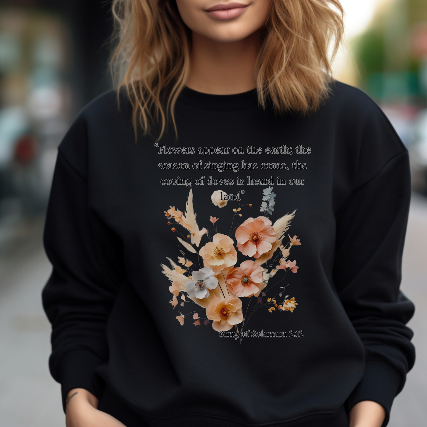 Song of Solomon 2:12 Sweatshirt — "The flowers are springing up, the season of singing birds has come, and the cooing of turtledoves fills the air." — Christian Sweatshirt for Men, Women, and Couples