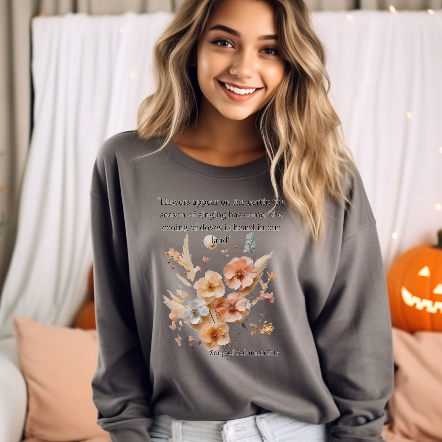 Song of Solomon 2:12 Sweatshirt — "The flowers are springing up, the season of singing birds has come, and the cooing of turtledoves fills the air." — Christian Sweatshirt for Men, Women, and Couples