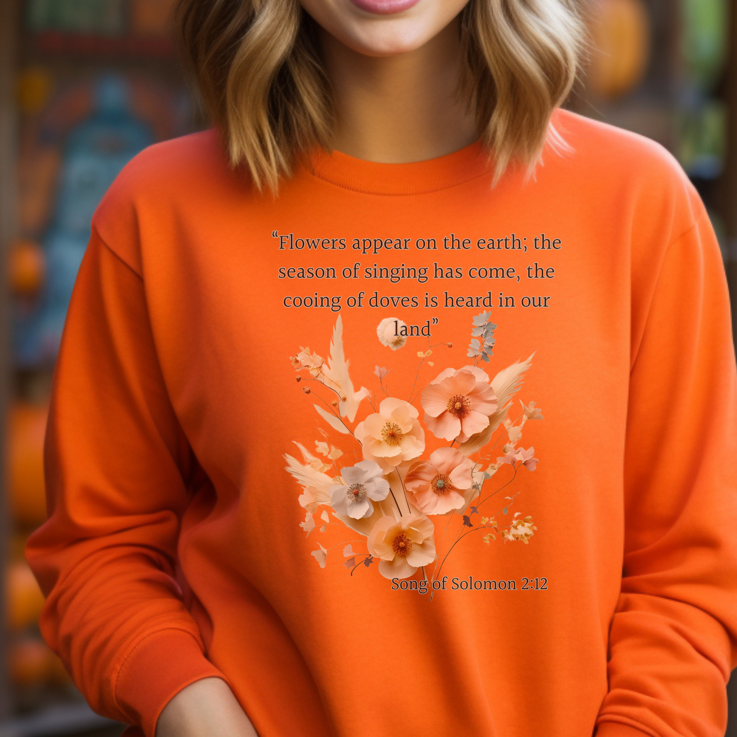 Song of Solomon 2:12 Sweatshirt — "The flowers are springing up, the season of singing birds has come, and the cooing of turtledoves fills the air." — Christian Sweatshirt for Men, Women, and Couples