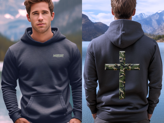 Warrior Cross Christian Hoodie – “Be strong and courageous; do not be afraid; do not be discouraged, for the LORD your God will be with you wherever you go.” (Joshua 1:9) – Designer Christian Hoodie for Men, Women, or Couples