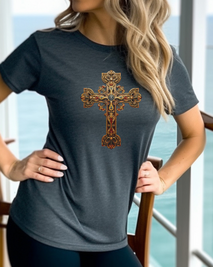“The Resurrection Cross” Christian T-Shirt – Romans 6:9 – “Christ, being raised from the dead, will never die again.”