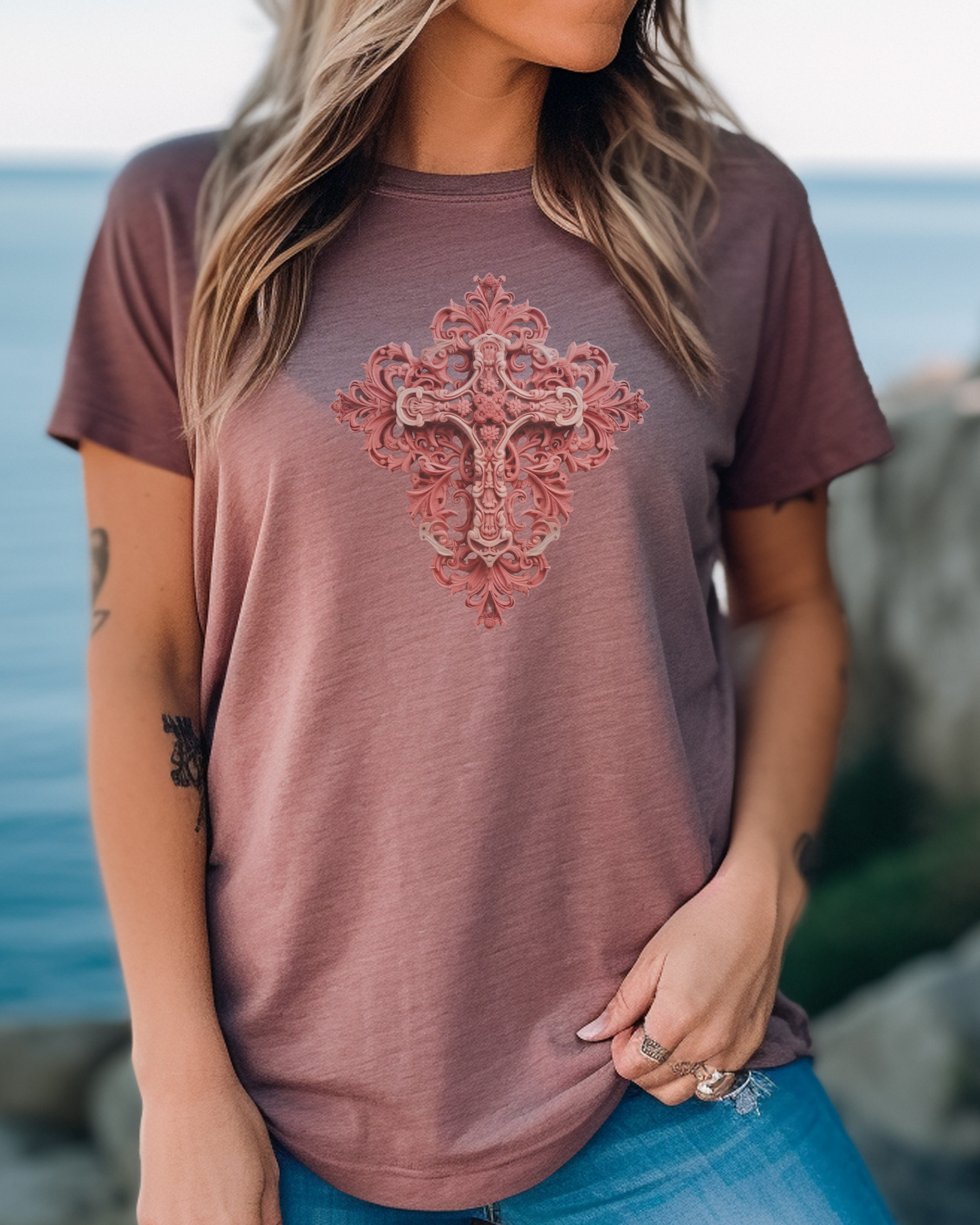 “The Love Cross” Christian T-Shirt – 1 John 4:19 – “We love because He first loved us.”-- Christian Apparel, Faith Shirt, Religious Gift, Jesus Apparel, Gift, Jesus Christ, GOD