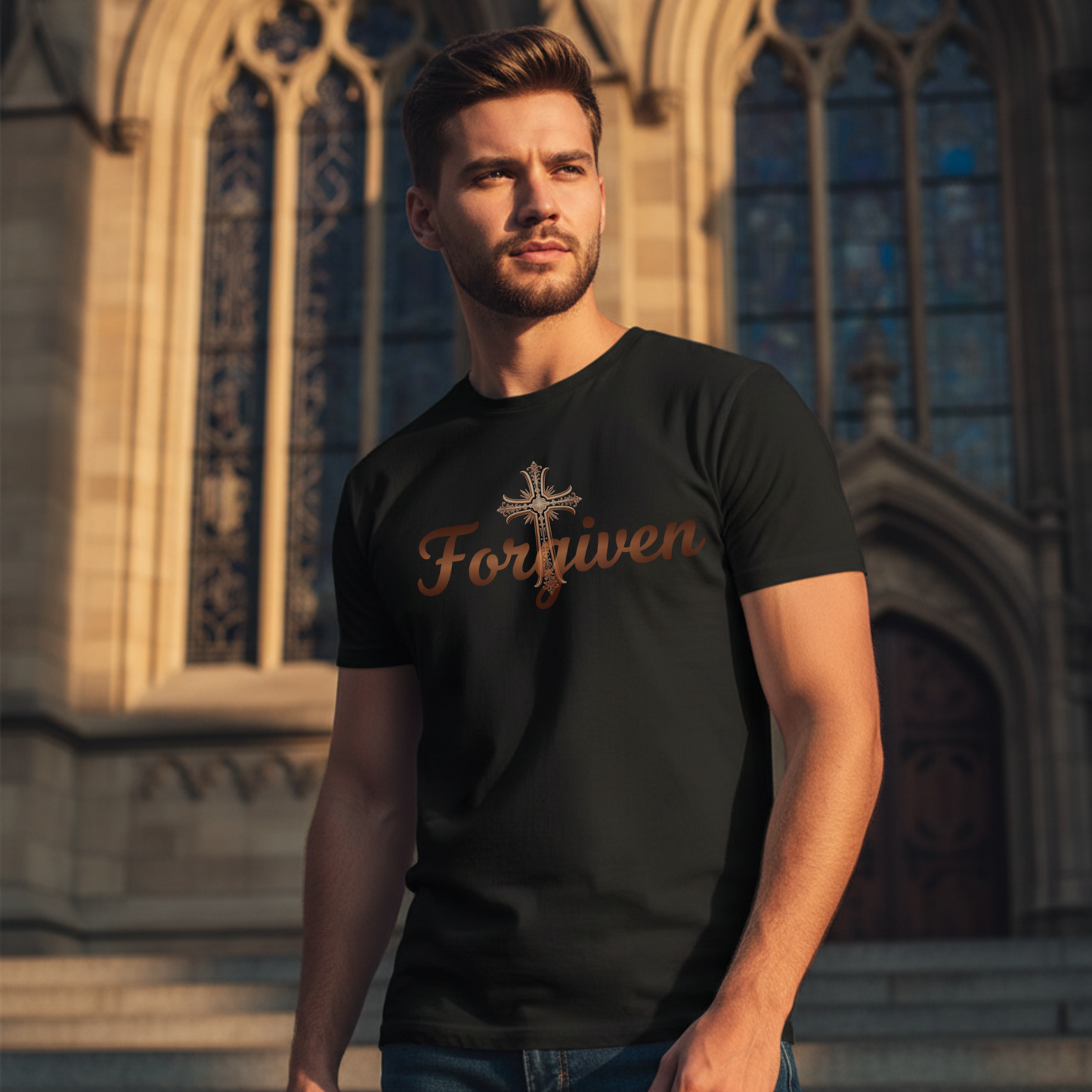 Forgiven Copper Cross T-Shirt | Psalm 103:12  “As far as the east is from the west, so far has He removed our transgressions from us.” — Psalm 103:12