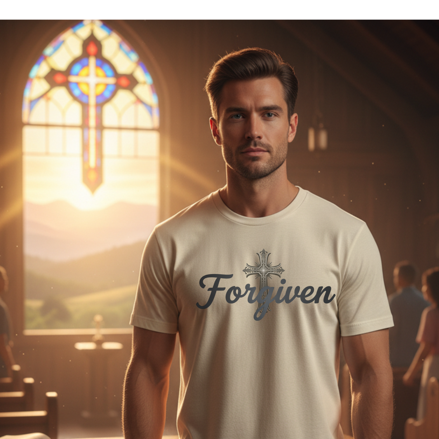 Forgiven Steel Cross T-Shirt | Isaiah 43:25 – “I, even I, am He who blots out your transgressions, for My own sake, and remembers your sins no more.”