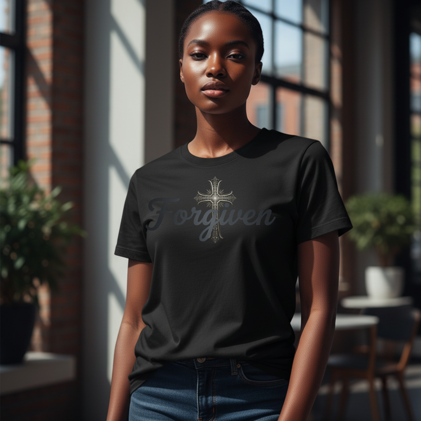 Forgiven Steel Cross T-Shirt | Isaiah 43:25 – “I, even I, am He who blots out your transgressions, for My own sake, and remembers your sins no more.”
