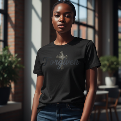 Forgiven Steel Cross T-Shirt | Isaiah 43:25 – “I, even I, am He who blots out your transgressions, for My own sake, and remembers your sins no more.”