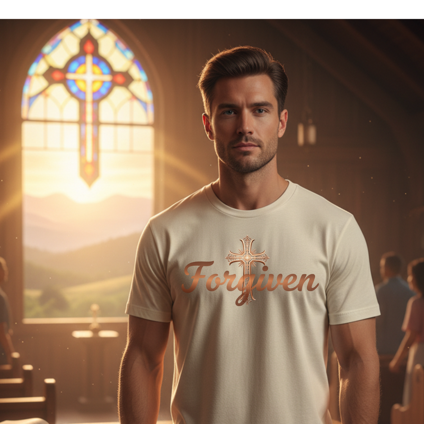 Forgiven Copper Cross T-Shirt | Psalm 103:12  “As far as the east is from the west, so far has He removed our transgressions from us.” — Psalm 103:12