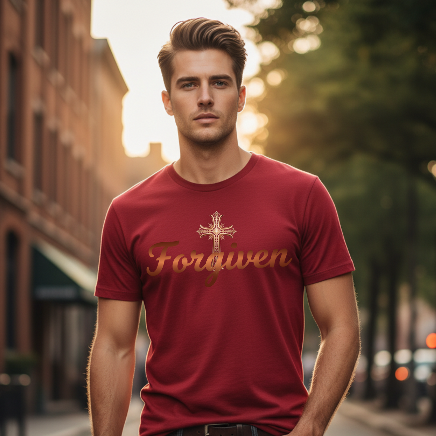 Forgiven Copper Cross T-Shirt | Psalm 103:12  “As far as the east is from the west, so far has He removed our transgressions from us.” — Psalm 103:12