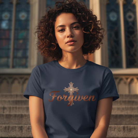Forgiven Copper Cross T-Shirt | Psalm 103:12  “As far as the east is from the west, so far has He removed our transgressions from us.” — Psalm 103:12