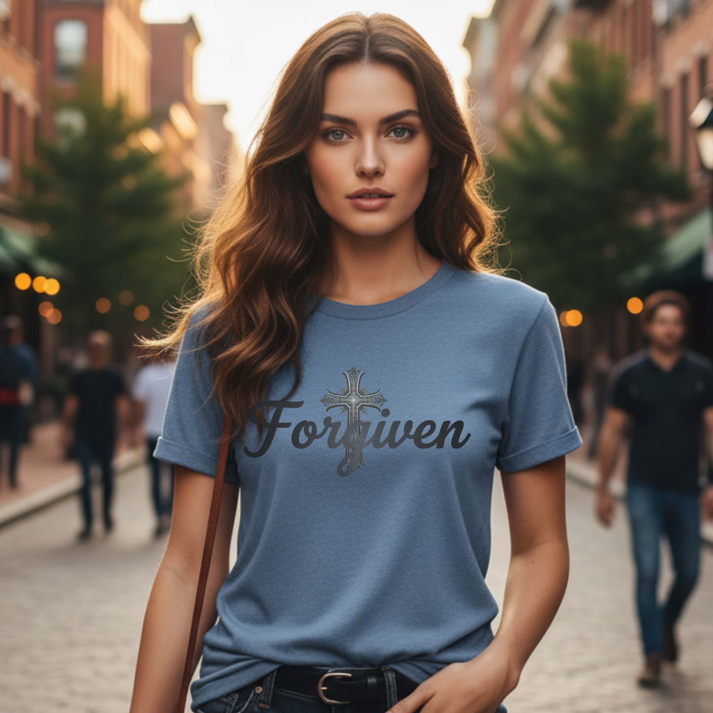 Forgiven Steel Cross T-Shirt | Isaiah 43:25 – “I, even I, am He who blots out your transgressions, for My own sake, and remembers your sins no more.”