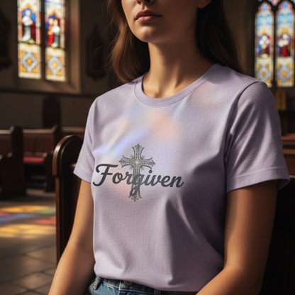 Forgiven Steel Cross T-Shirt | Isaiah 43:25 – “I, even I, am He who blots out your transgressions, for My own sake, and remembers your sins no more.”