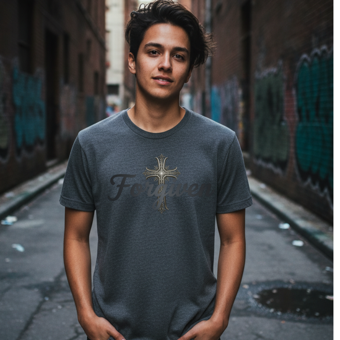 Forgiven Steel Cross T-Shirt | Isaiah 43:25 – “I, even I, am He who blots out your transgressions, for My own sake, and remembers your sins no more.”