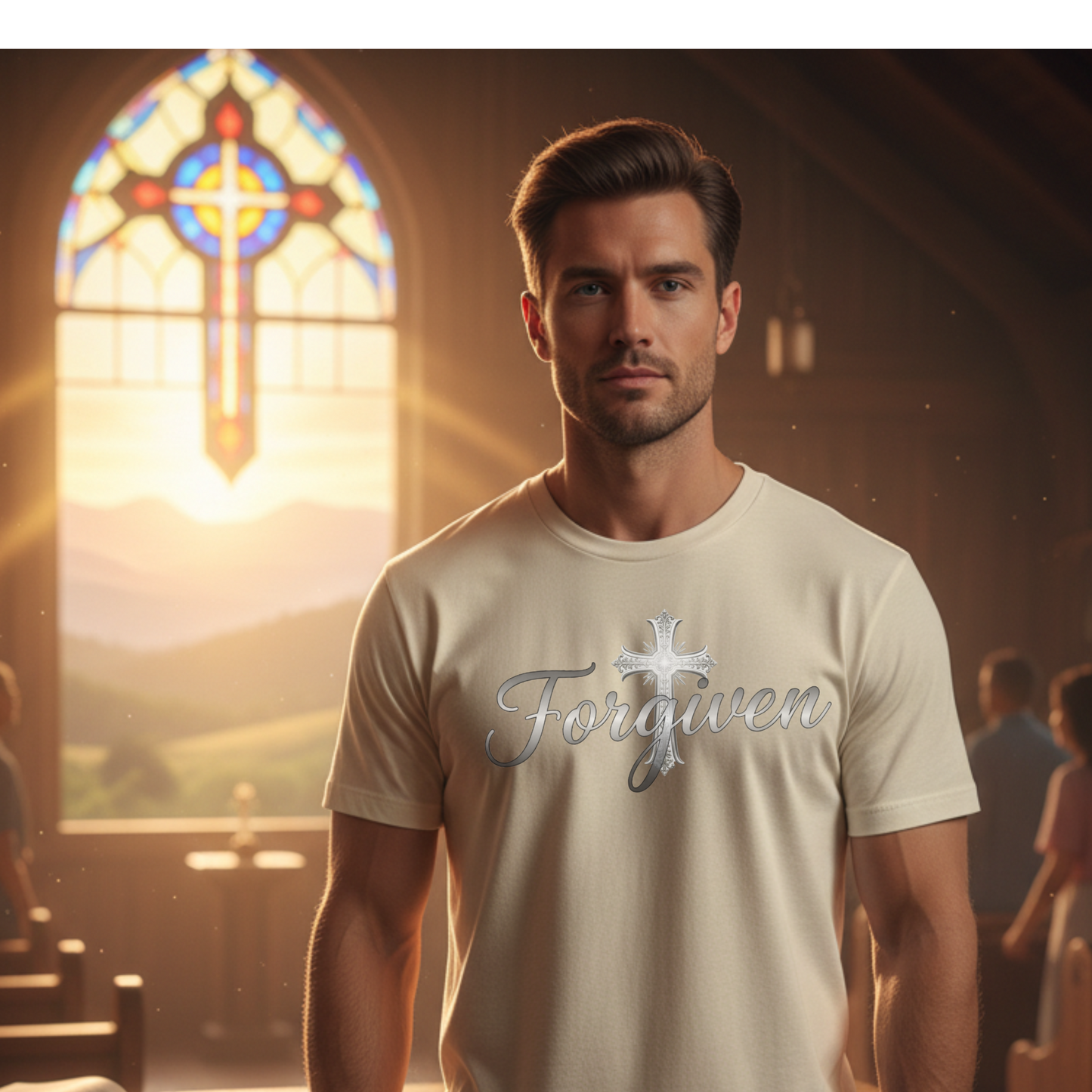 Forgiven Silver Cross T-Shirt | Ephesians 1:7 – “In Him we have redemption through His blood, the forgiveness of sins, in accordance with the riches of God’s grace.”