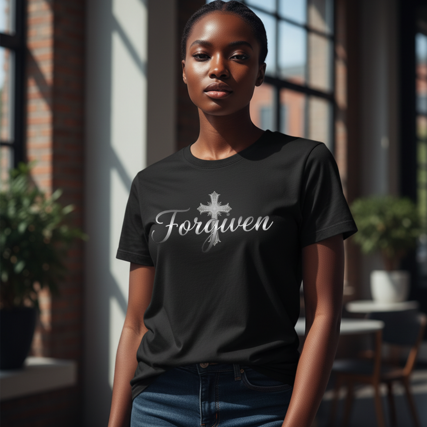 Forgiven Silver Cross T-Shirt | Ephesians 1:7 – “In Him we have redemption through His blood, the forgiveness of sins, in accordance with the riches of God’s grace.”
