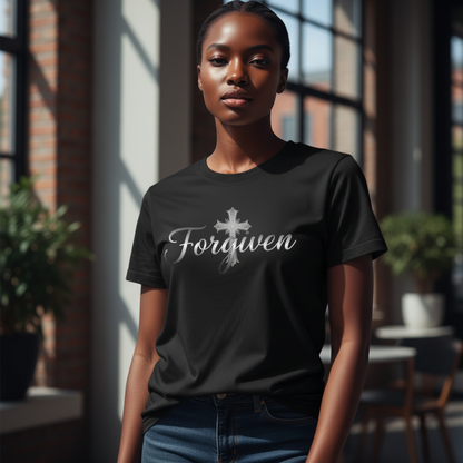 Forgiven Silver Cross T-Shirt | Ephesians 1:7 – “In Him we have redemption through His blood, the forgiveness of sins, in accordance with the riches of God’s grace.”
