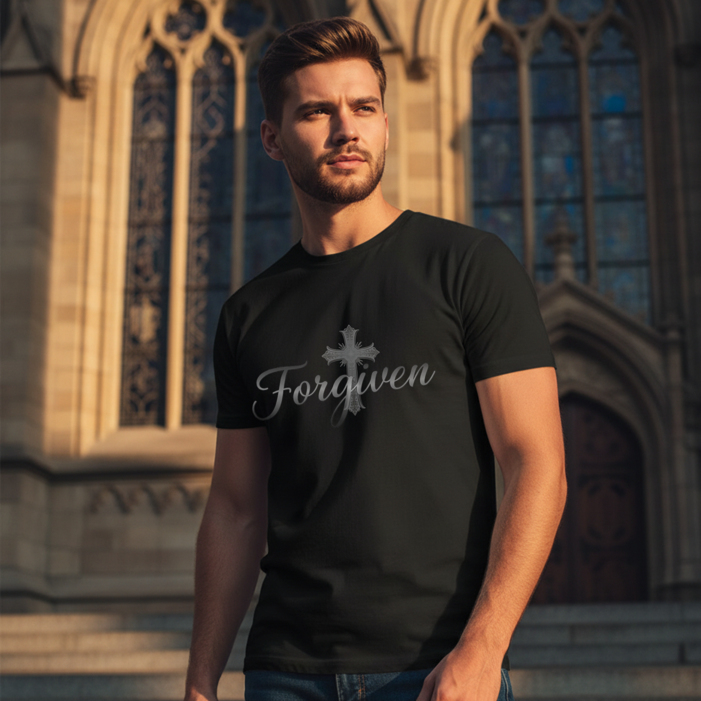 Forgiven Silver Cross T-Shirt | Ephesians 1:7 – “In Him we have redemption through His blood, the forgiveness of sins, in accordance with the riches of God’s grace.”