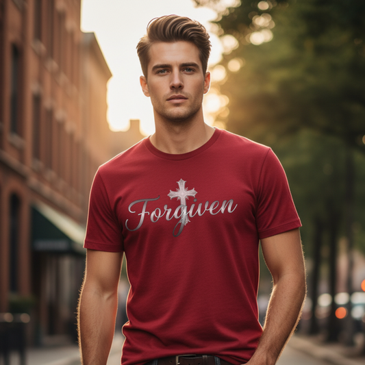 Forgiven Silver Cross T-Shirt | Ephesians 1:7 – “In Him we have redemption through His blood, the forgiveness of sins, in accordance with the riches of God’s grace.”