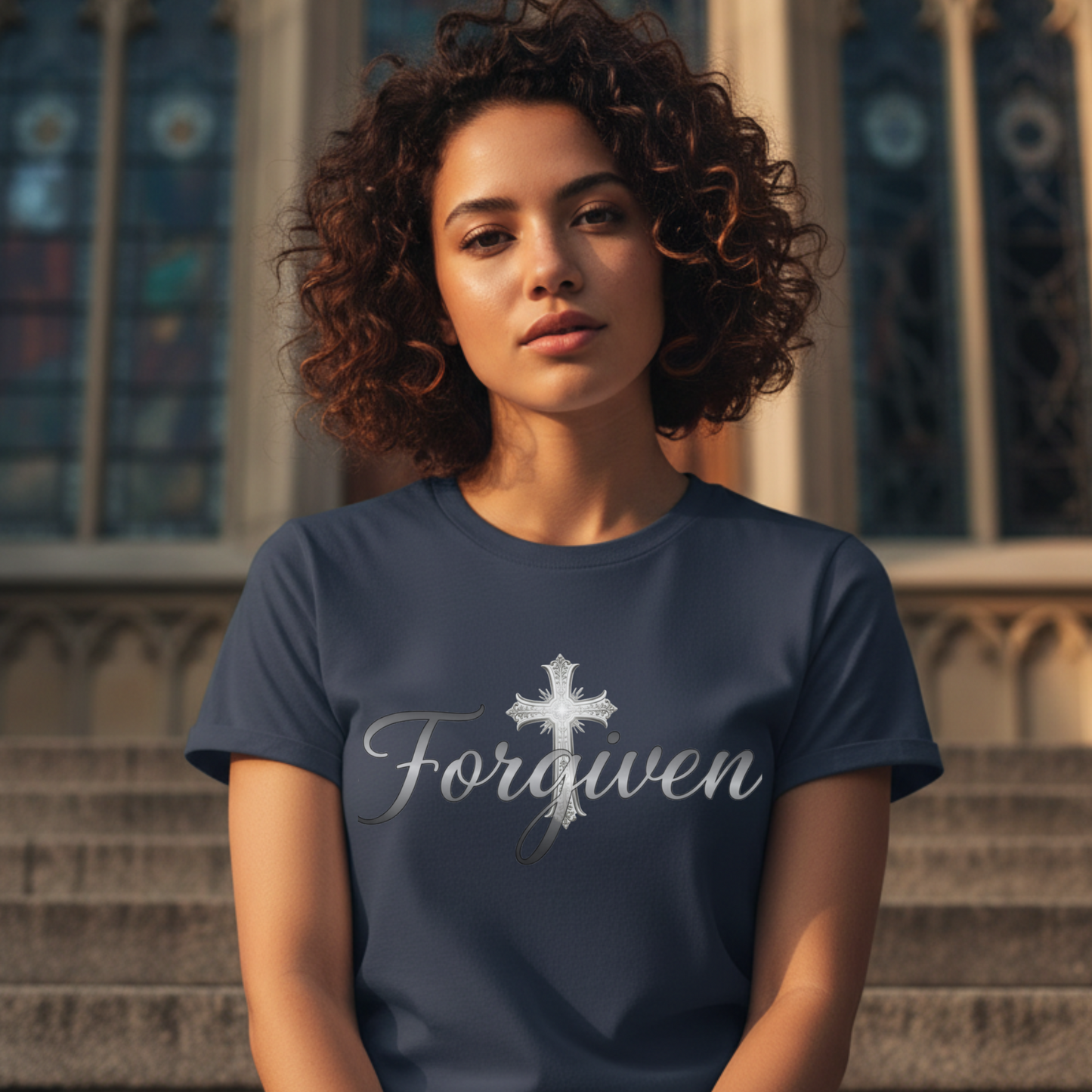 Forgiven Silver Cross T-Shirt | Ephesians 1:7 – “In Him we have redemption through His blood, the forgiveness of sins, in accordance with the riches of God’s grace.”