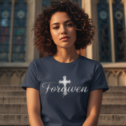 Forgiven Silver Cross T-Shirt | Ephesians 1:7 – “In Him we have redemption through His blood, the forgiveness of sins, in accordance with the riches of God’s grace.”