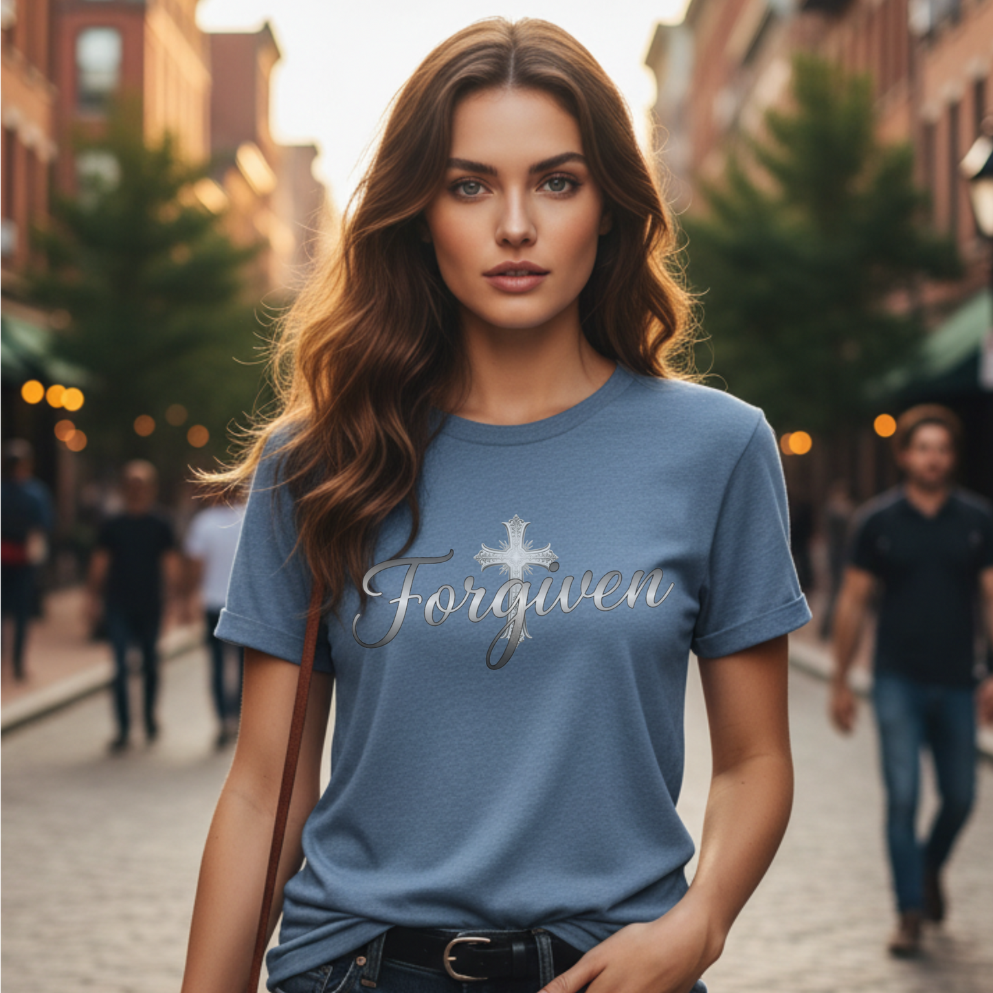 Forgiven Silver Cross T-Shirt | Ephesians 1:7 – “In Him we have redemption through His blood, the forgiveness of sins, in accordance with the riches of God’s grace.”