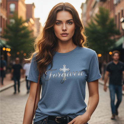 Forgiven Silver Cross T-Shirt | Ephesians 1:7 – “In Him we have redemption through His blood, the forgiveness of sins, in accordance with the riches of God’s grace.”