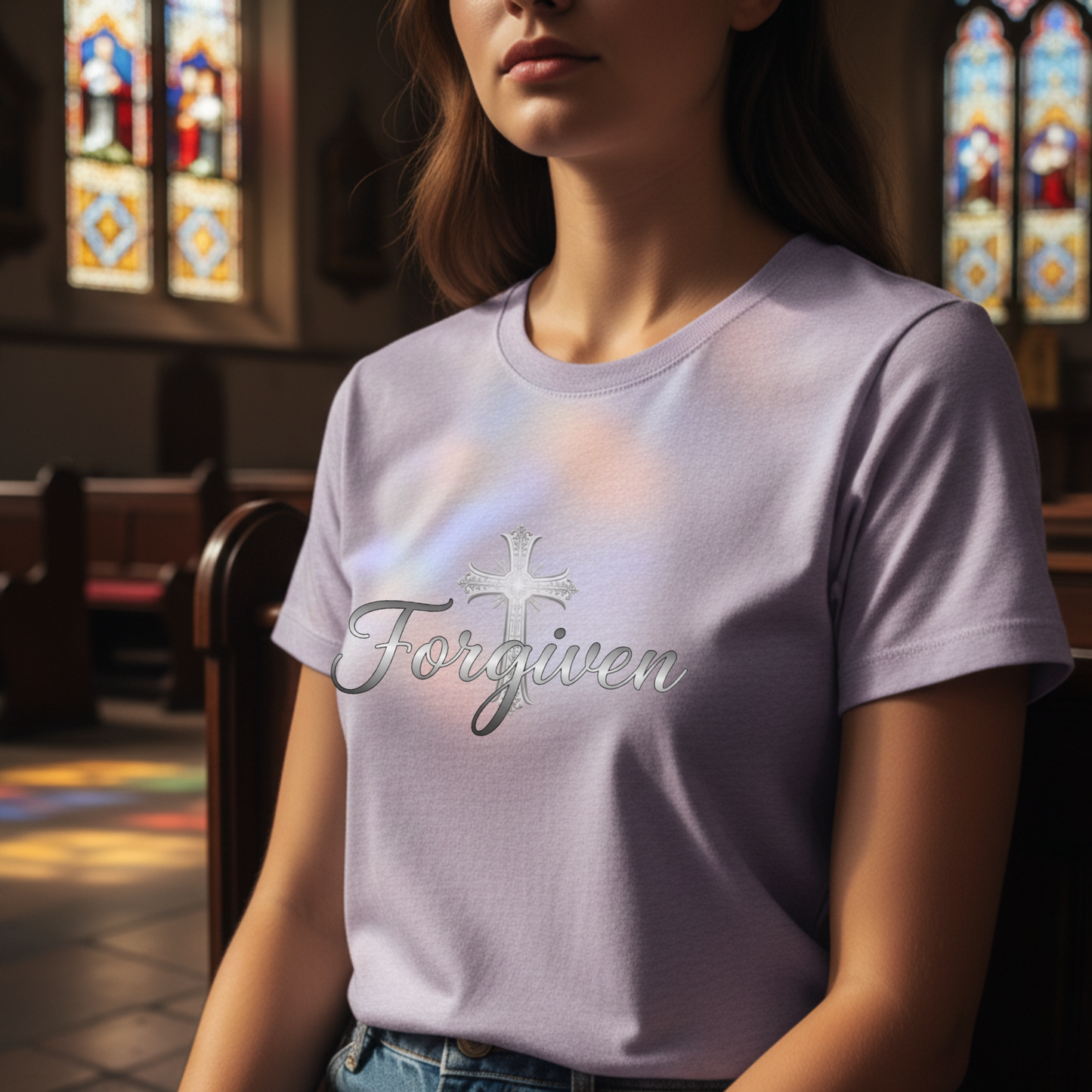 Forgiven Silver Cross T-Shirt | Ephesians 1:7 – “In Him we have redemption through His blood, the forgiveness of sins, in accordance with the riches of God’s grace.”