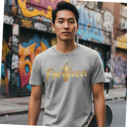 Forgiven Gold Cross T-Shirt | Psalm 103:8 – “The Lord is compassionate and gracious, slow to anger, abounding in love.”