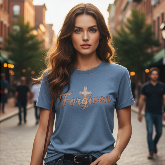 Forgiven Rose Gold Cross T-Shirt | Isaiah 1:18 – “Though your sins are like scarlet, they shall be as white as snow; though they are red as crimson, they shall be like wool.”