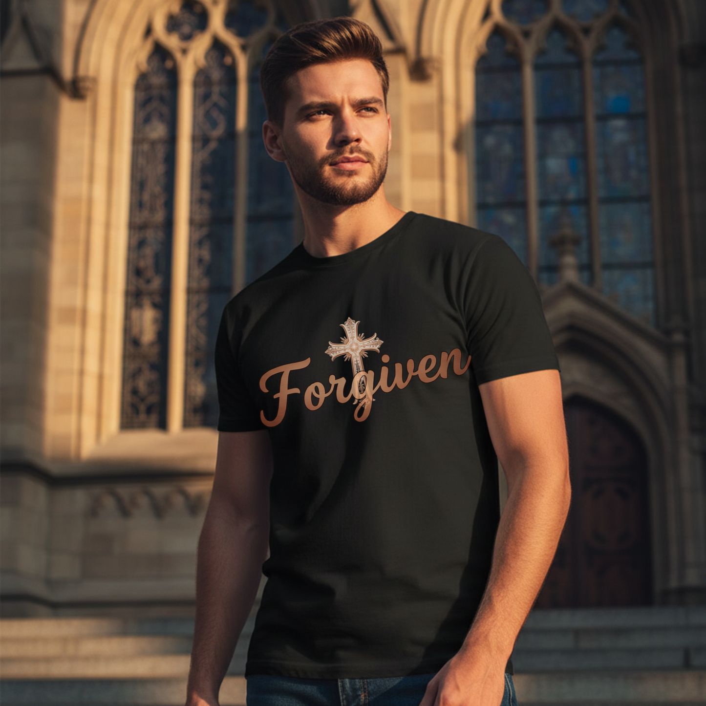 Forgiven Rose Gold Cross T-Shirt | Isaiah 1:18 – “Though your sins are like scarlet, they shall be as white as snow; though they are red as crimson, they shall be like wool.”