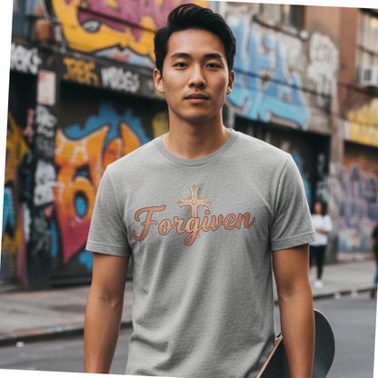 Forgiven Rose Gold Cross T-Shirt | Isaiah 1:18 – “Though your sins are like scarlet, they shall be as white as snow; though they are red as crimson, they shall be like wool.”