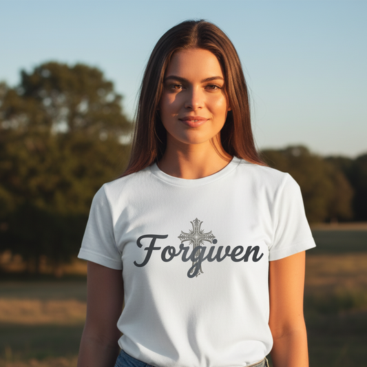 Forgiven Steel Cross T-Shirt | Isaiah 43:25 – “I, even I, am He who blots out your transgressions, for My own sake, and remembers your sins no more.”