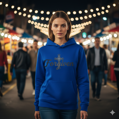 Forgiven Steel Cross Hoodie | Isaiah 43:25 – “I, even I, am He who blots out your transgressions, for My own sake, and remembers your sins no more.”
