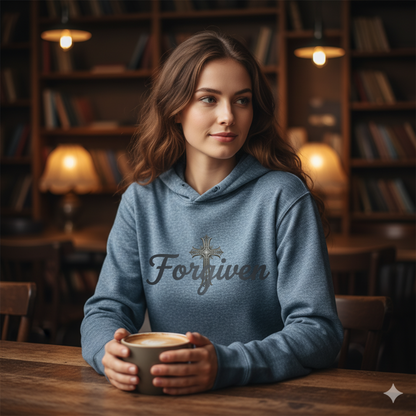 Forgiven Steel Cross Hoodie | Isaiah 43:25 – “I, even I, am He who blots out your transgressions, for My own sake, and remembers your sins no more.”