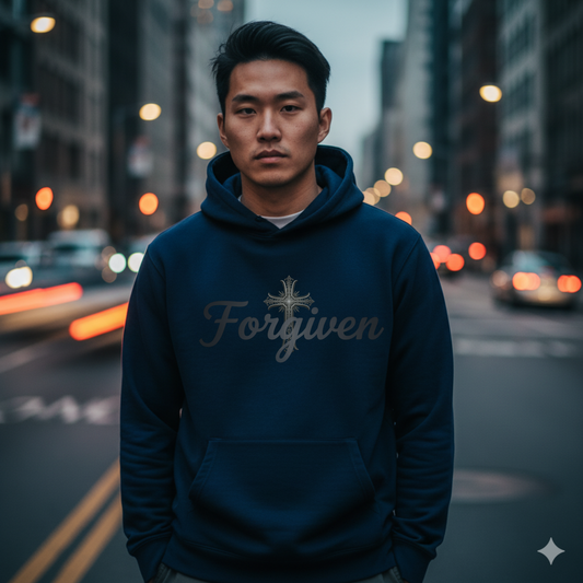 Forgiven Steel Cross Hoodie | Isaiah 43:25 – “I, even I, am He who blots out your transgressions, for My own sake, and remembers your sins no more.”