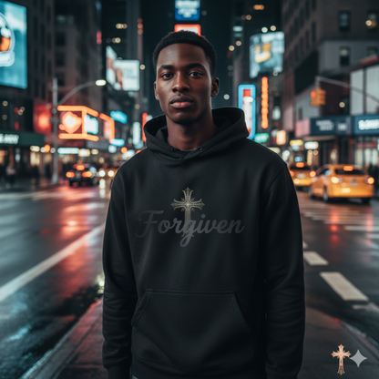 Forgiven Steel Cross Hoodie | Isaiah 43:25 – “I, even I, am He who blots out your transgressions, for My own sake, and remembers your sins no more.”