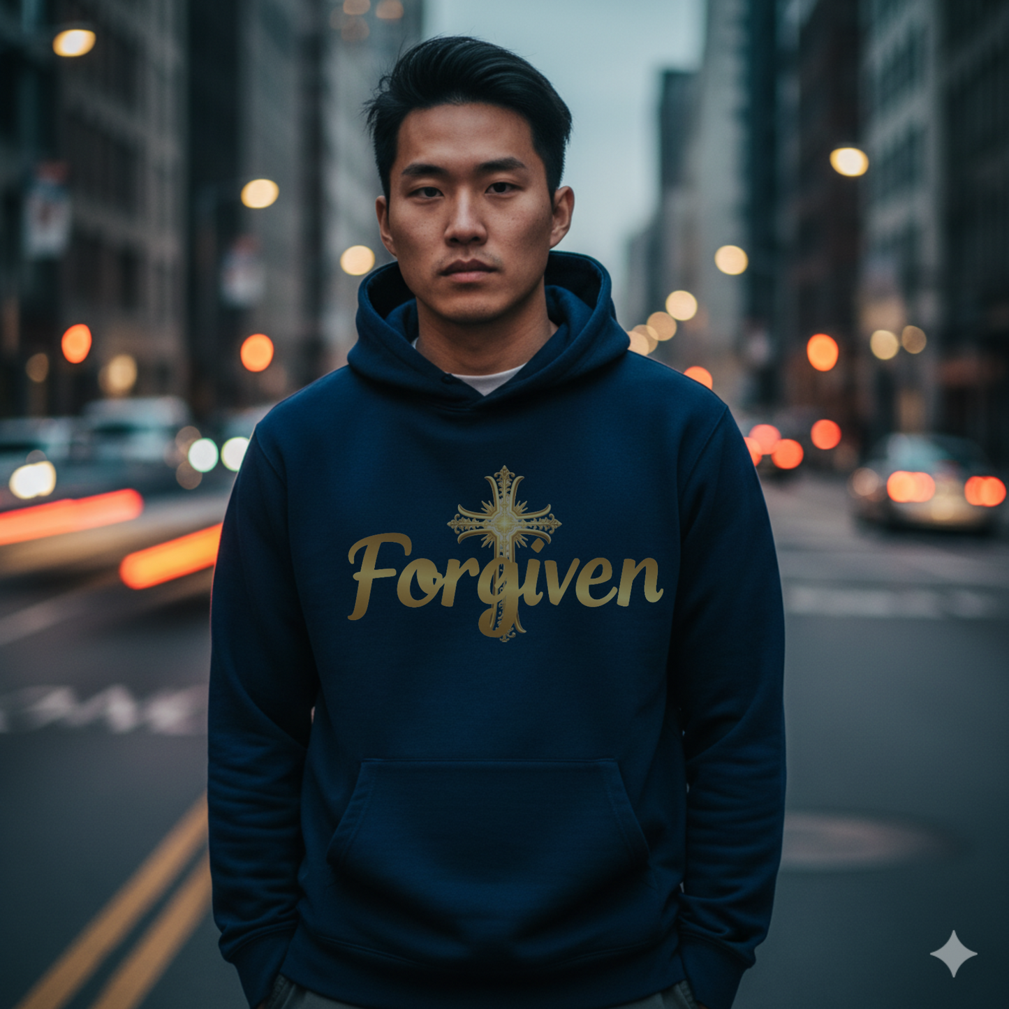 Forgiven Gold Cross Hoodie | Psalm 103:8 – “The Lord is compassionate and gracious, slow to anger, abounding in love.”