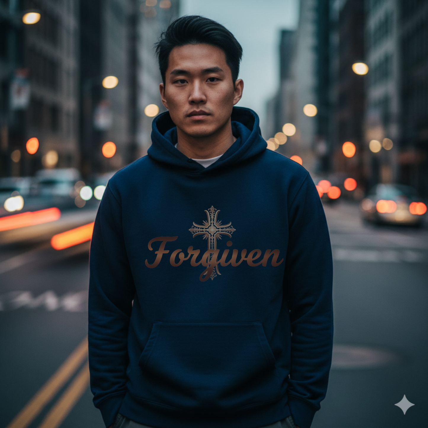 Forgiven Copper Cross Hoodie | Psalm 103:12 – “As far as the east is from the west, so far has He removed our transgressions from us.”