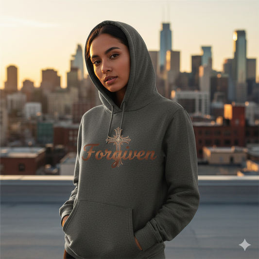 Forgiven Copper Cross Hoodie | Psalm 103:12 – “As far as the east is from the west, so far has He removed our transgressions from us.”