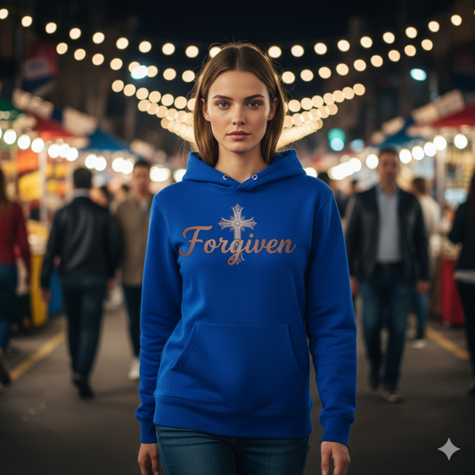 Forgiven Rose Gold Cross Hoodie | Isaiah 1:18 – “Though your sins are like scarlet, they shall be as white as snow; though they are red as crimson, they shall be like wool.”