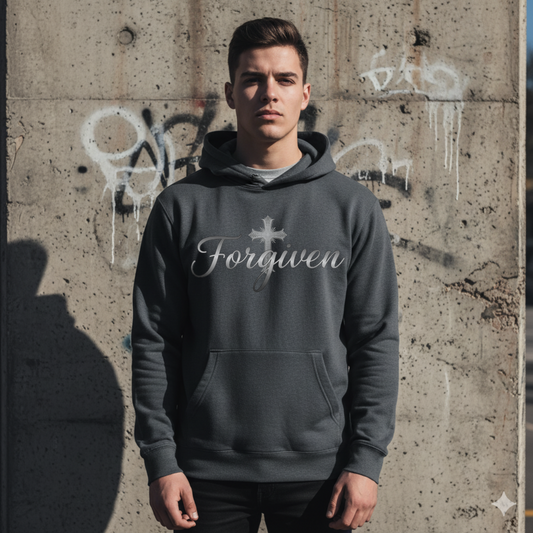 Forgiven Silver Cross Hoodie | Ephesians 1:7 – “In Him we have redemption through His blood, the forgiveness of sins, in accordance with the riches of God’s grace.”