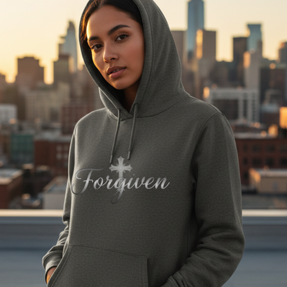 Person wearing a gray hoodie with 'Forgiven' text against a cityscape background