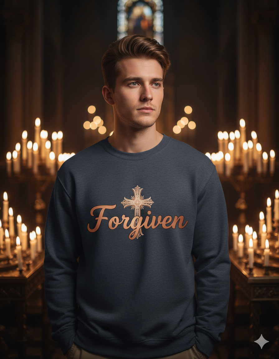 Forgiven Rose Gold Cross Sweatshirt – “For if you forgive others their trespasses, your heavenly Father will also forgive you.” (Matthew 6:14)