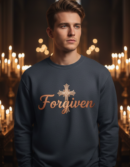 Man wearing a sweatshirt with 'Forgiven' text in a cathedral setting