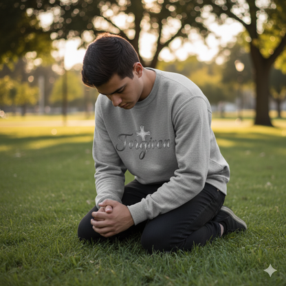 Forgiven Silver Cross Sweatshirt – “For if you forgive others their trespasses, your heavenly Father will also forgive you.” (Matthew 6:14)